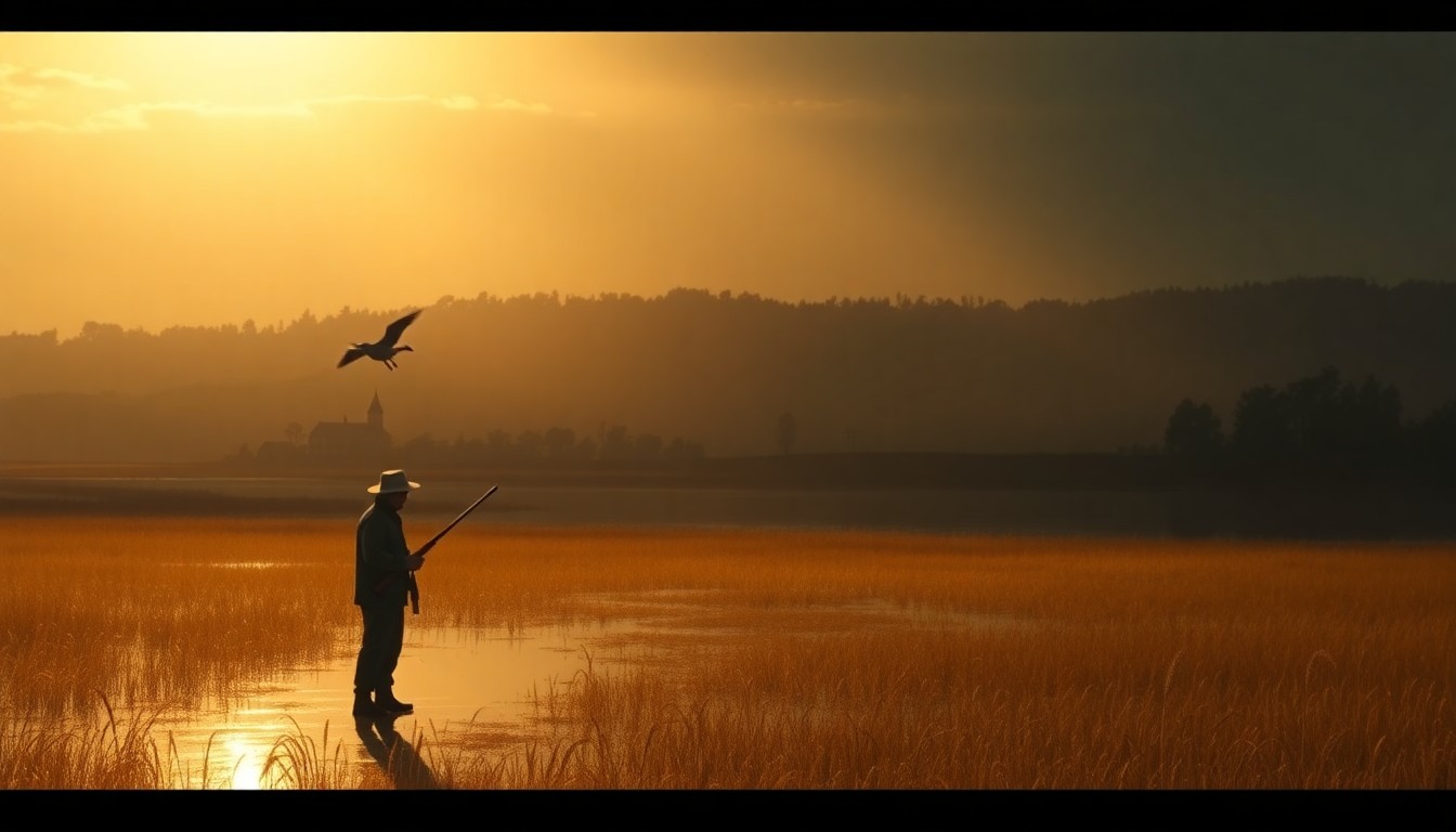 A serene painting of a lone duck hunter standing in a grassy marsh at the edge of a small town, the scene bathed in warm, cinematic lighting and deep shadows, conceptually representing the tensions between state and local oversight of hunting practices.