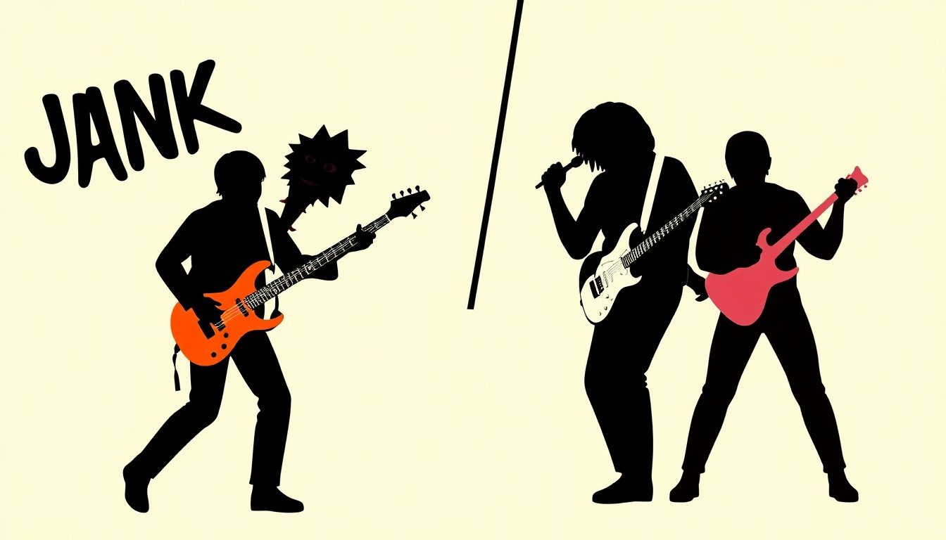 An abstract composition of stark, jagged geometric shapes in high-contrast colors, conceptually representing the collision of punk and jam band cultures.