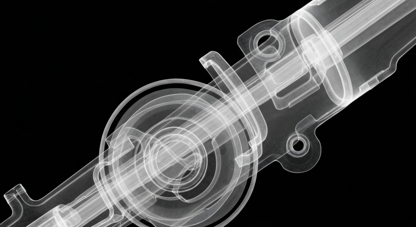 A ghostly, translucent X-ray image revealing the complex internal structure of a medical device, conceptually illustrating the advanced technology behind IRADIMED's products.