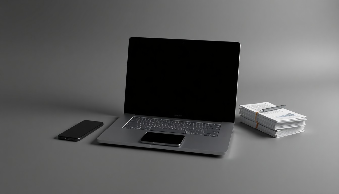 A minimalist, high-end studio still life photograph featuring a sleek laptop, smartphone, and financial documents, symbolizing the venture capital firm's focus on fintech and the future of work.