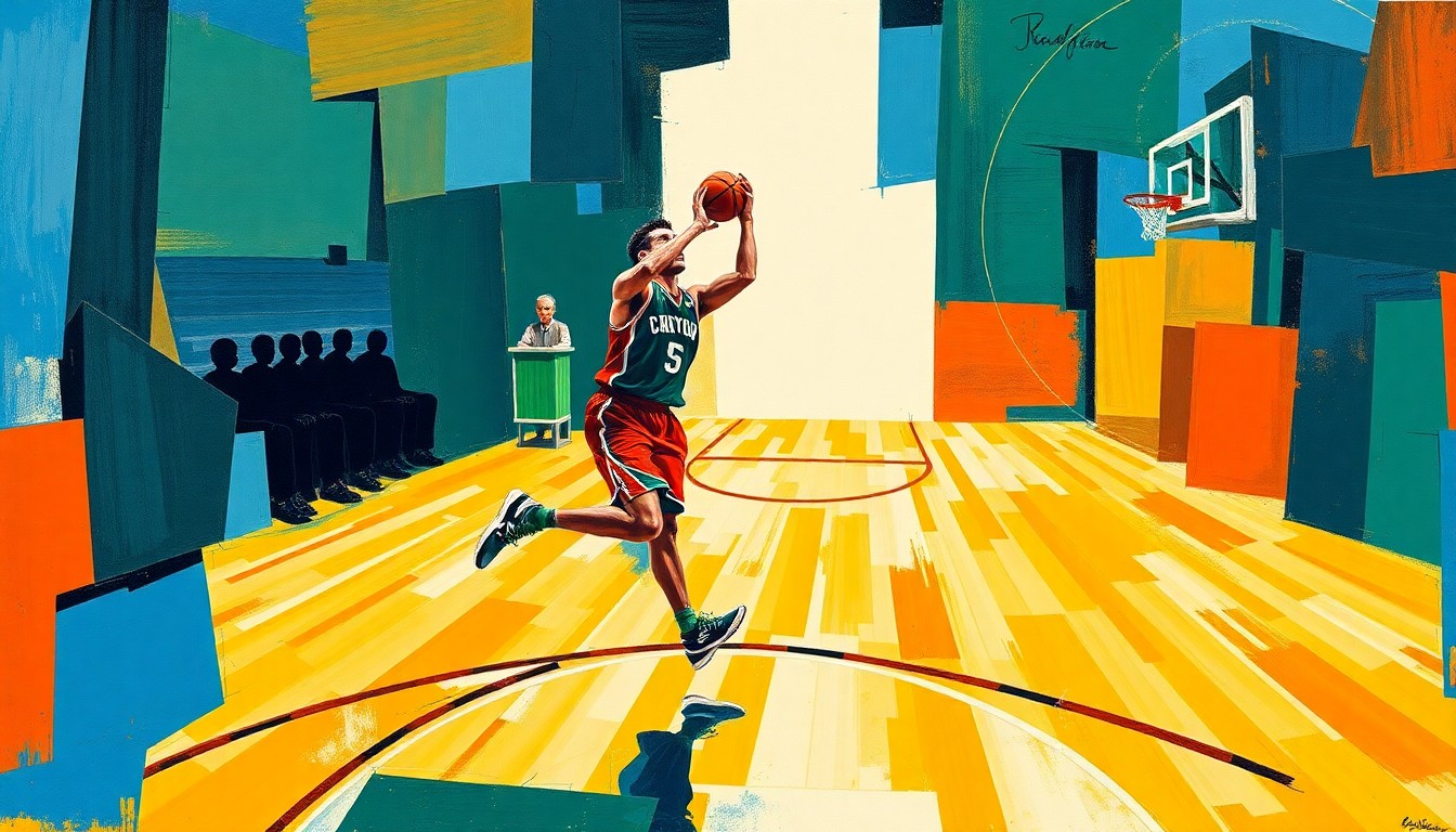 A cubist-style painting depicting a basketball player's movements and presence on the court, broken down into sharp, overlapping geometric shapes in vibrant colors, conceptually representing the versatility and impact a skilled big man could have on Indiana's frontcourt.
