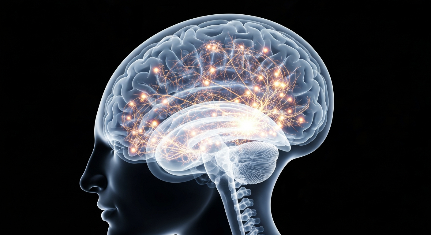 A ghostly, translucent X-ray image of a human brain, with glowing neural pathways and structures, conceptually representing the complex interplay between physical and mental health when pursuing wellness.