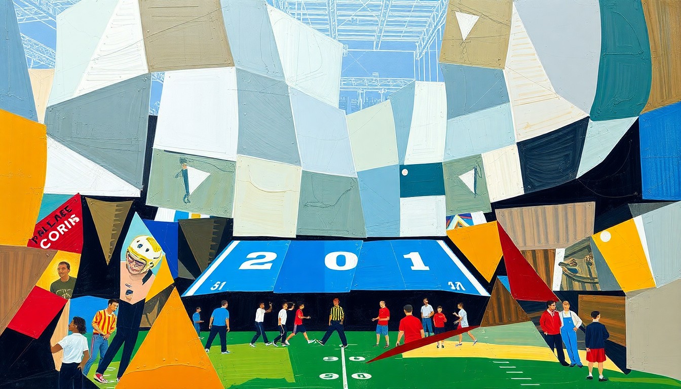 A fragmented, geometric painting depicting the chaotic energy of an NFL draft, with various football shapes and symbols broken down into sharp, overlapping planes of color.