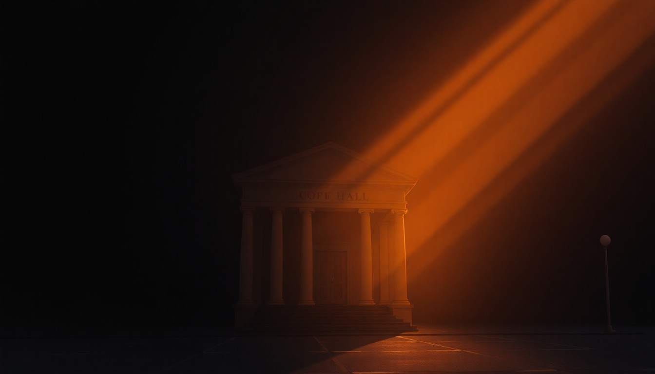 A realistic, softly lit painting of a government office building with a lone figure visible through a window, conveying a sense of solitude and contemplation around the legal issues faced by local authorities.