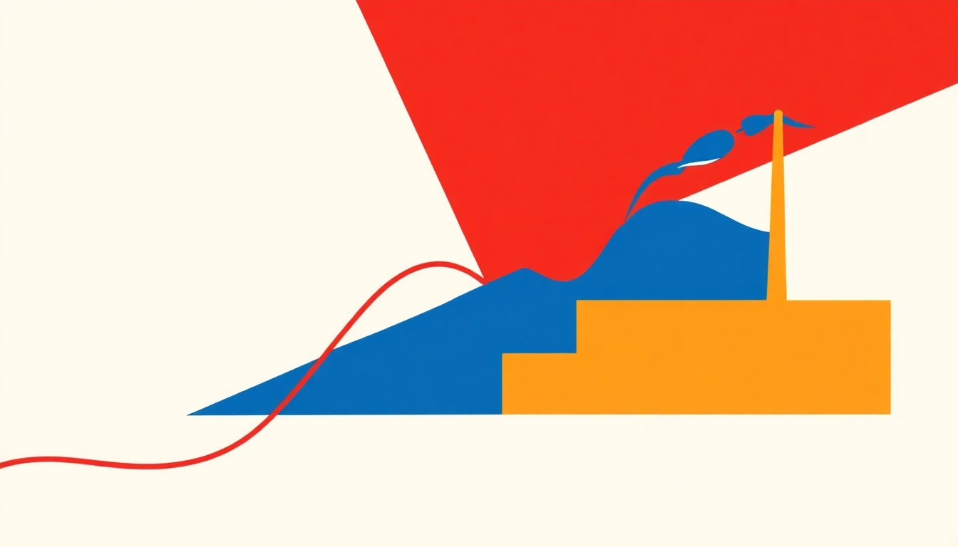 An abstract illustration composed of overlapping triangles and circles in shades of blue, red, and yellow, conveying the complex economic pressures the Federal Reserve must balance.