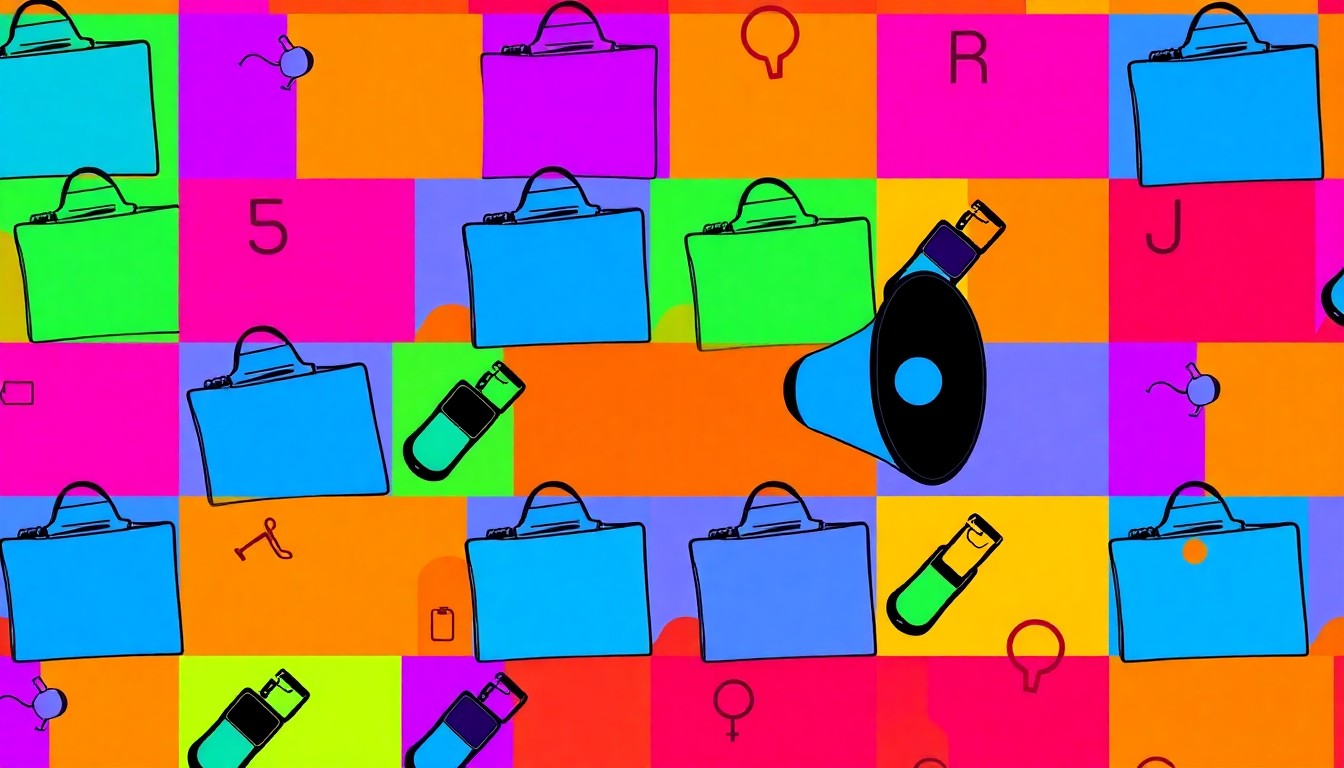 A grid of brightly colored, high-contrast silkscreen images of a single iconic leadership object, such as a clipboard or megaphone, repeated in a stylized, abstract pattern that captures the energy and creativity of a professional development workshop for emerging managers.