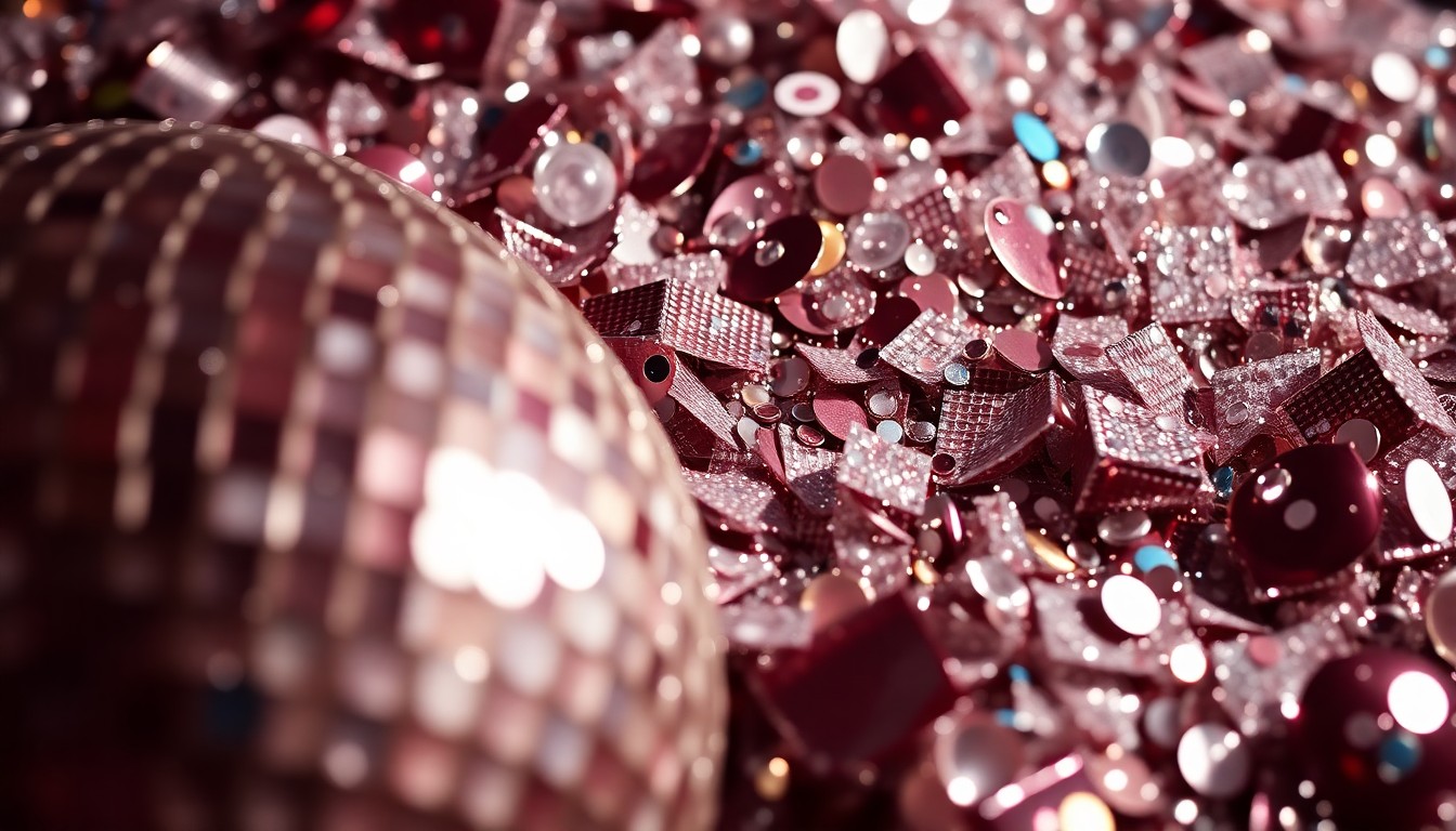 An abstract close-up photograph of shimmering sequins and glittering disco ball fragments, capturing the high-fashion aesthetic and celebrity culture associated with the Devil Wears Prada franchise.
