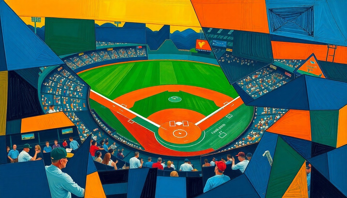 A cubist, geometric illustration depicting a baseball game or match, with sharp, overlapping planes of navy blue, forest green, and burnt orange, conveying the fragmented, multi-angled perspective of the new Rockies ownership group.