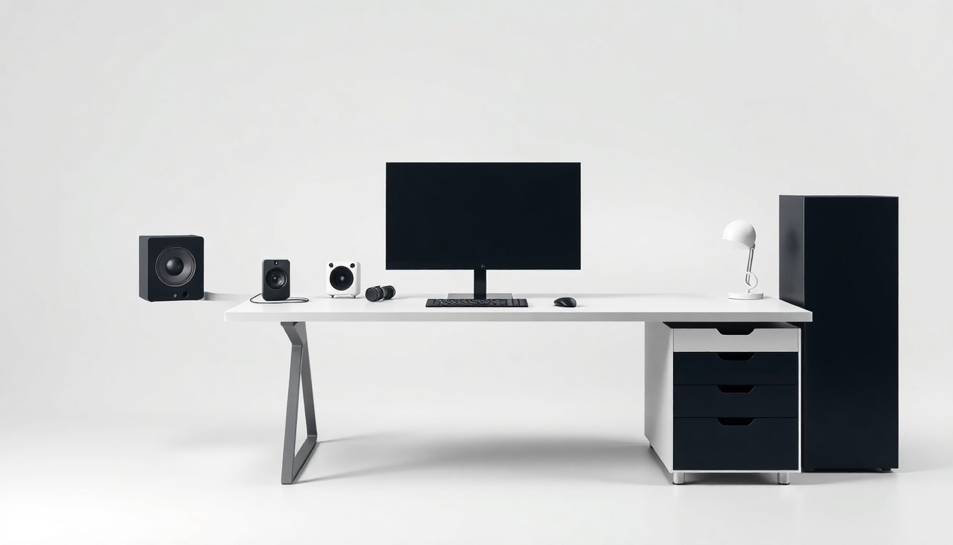 An extreme close-up of a minimalist, sleek desk setup with a laptop, mouse, and other web development tools arranged in a clean, geometric layout, conceptually representing the focus on quality and performance in the web development industry.