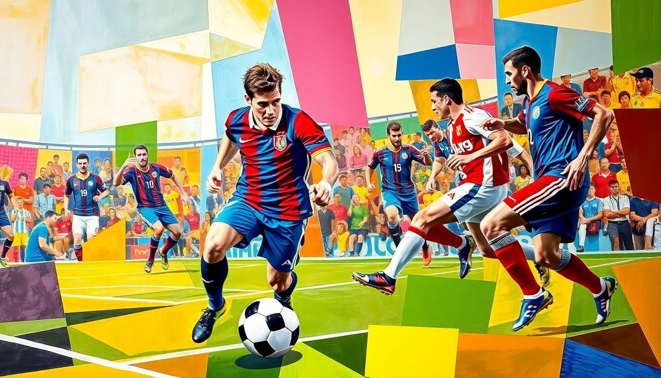 A cubist, geometric painting depicting fragmented, abstract shapes in the colors of Tottenham Hotspur and Juventus, representing a football match or competition in a dynamic, multi-perspective style.