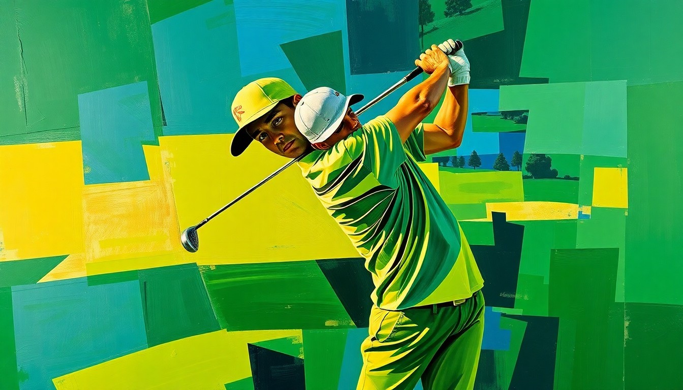 A cubist, geometric painting depicting a golfer's swing and motion, with overlapping planes of green, blue, and gold, capturing the dynamic energy and tension of the Masters tournament.