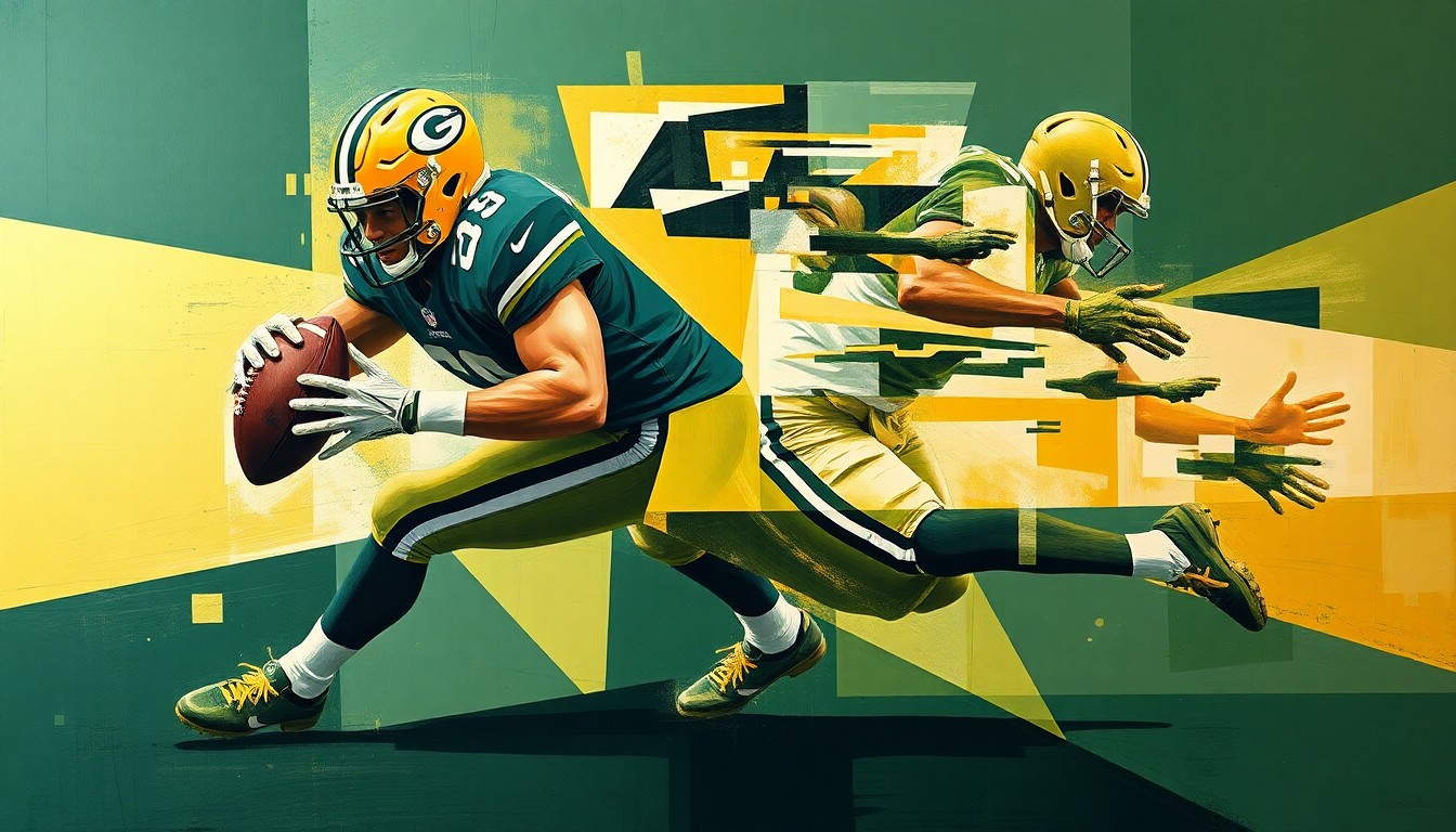 A cubist, geometric painting depicting a football player's pass rush move, with sharp, overlapping planes in shades of green, gold, and navy, conveying the raw athleticism and potential of an overlooked prospect.