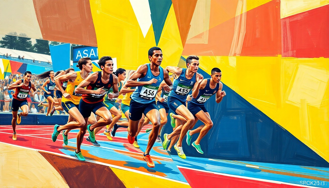 A cubist-style painting featuring overlapping geometric shapes and planes in vibrant colors, representing the dynamic energy and competitive spirit of a track and field event.