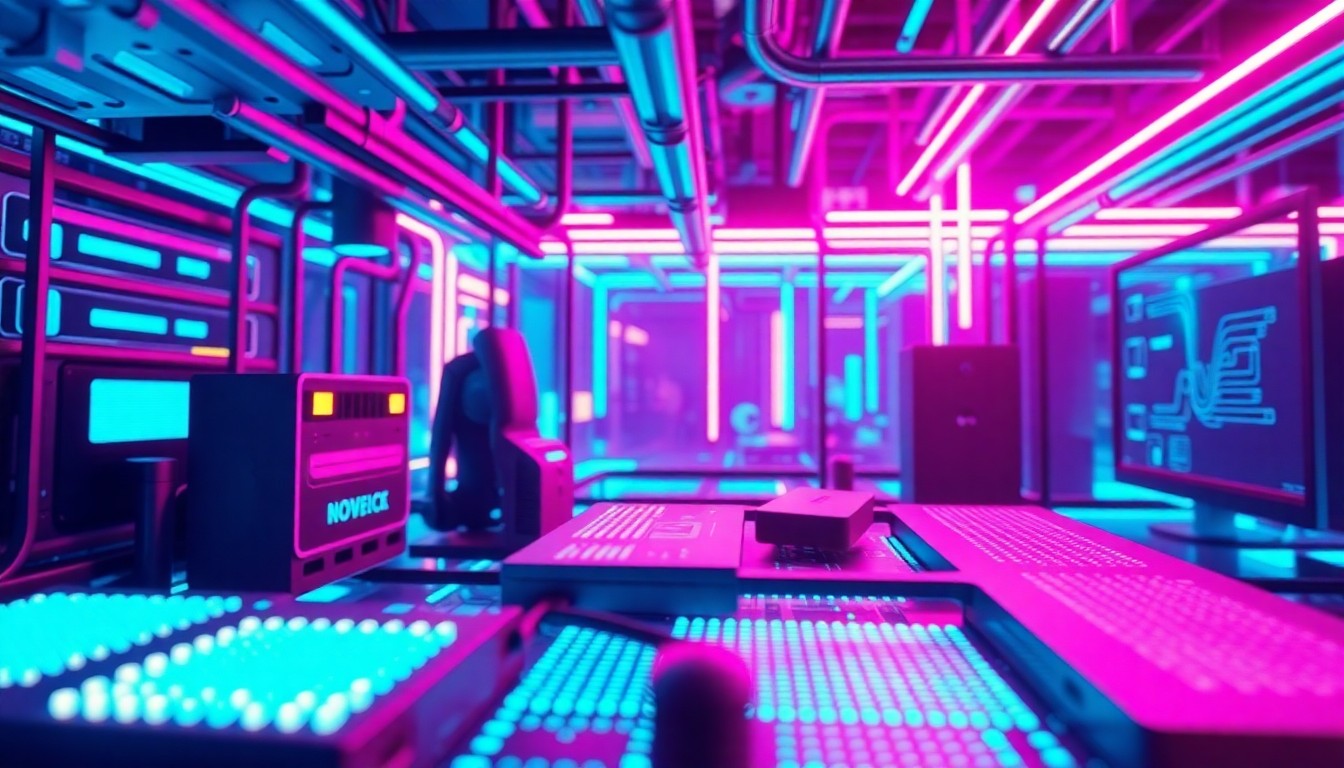 A highly detailed, glowing 3D illustration of various cybernetic hardware components and digital infrastructure, representing the technological transformation of the gaming industry and the human impact behind it.