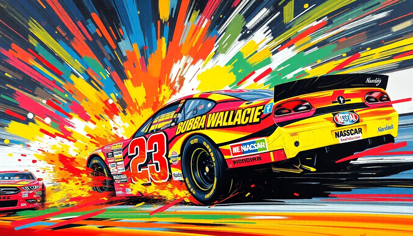 An abstract, energetic painting in neon colors depicting a NASCAR race car in motion, with the car's number and sponsor logos blending into the dynamic brushstrokes, conveying the raw power and emotion of the sport.
