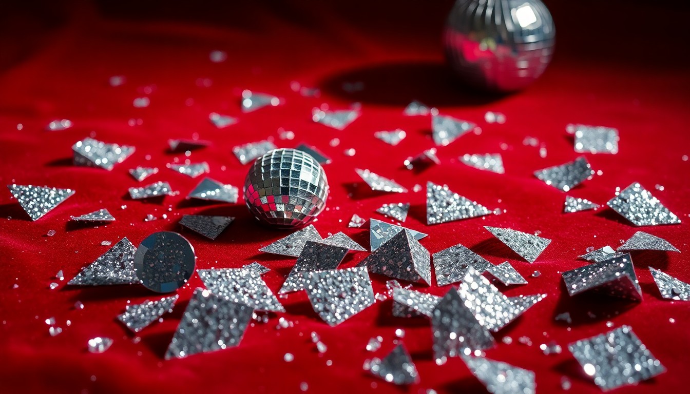 An extreme close-up photograph of shattered glass disco ball pieces scattered across a rich, deep red velvet fabric, creating a high-contrast, glamorous, and provocative visual texture.