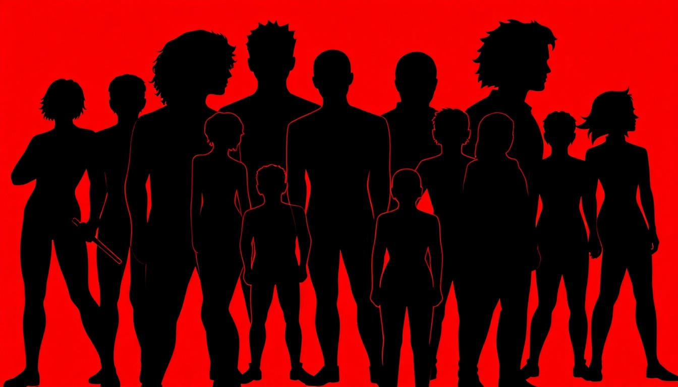A striking abstract illustration featuring black silhouettes of various human forms overlapping against a bright red background, conveying the energy and diversity of a community poetry event.