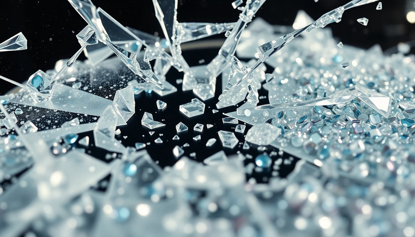 An abstract close-up image of shattered glass and glittering sequins, conveying the high-stakes drama and glamour of celebrity relationships.