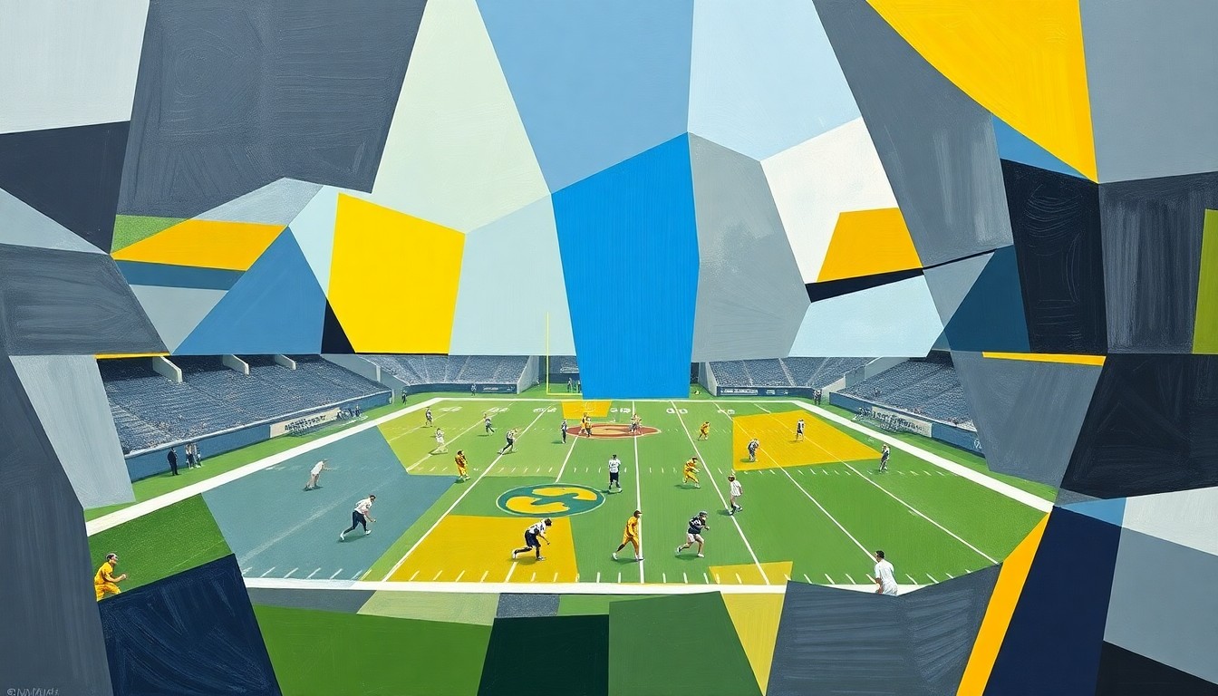 A cubist-style painting depicting a college football game or practice, with the action broken down into sharp, overlapping geometric shapes in a palette of maize, blue, and gray, conveying the strategic and competitive nature of the sport.