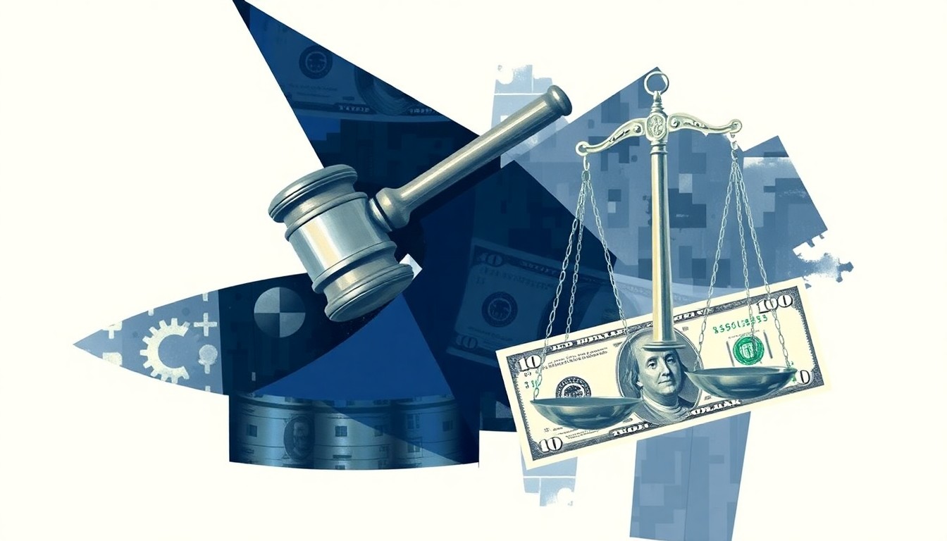 A dynamic, fragmented painting depicting symbols of the judicial system and finance, conveying the complex legal and economic issues at the heart of the tariffs case.