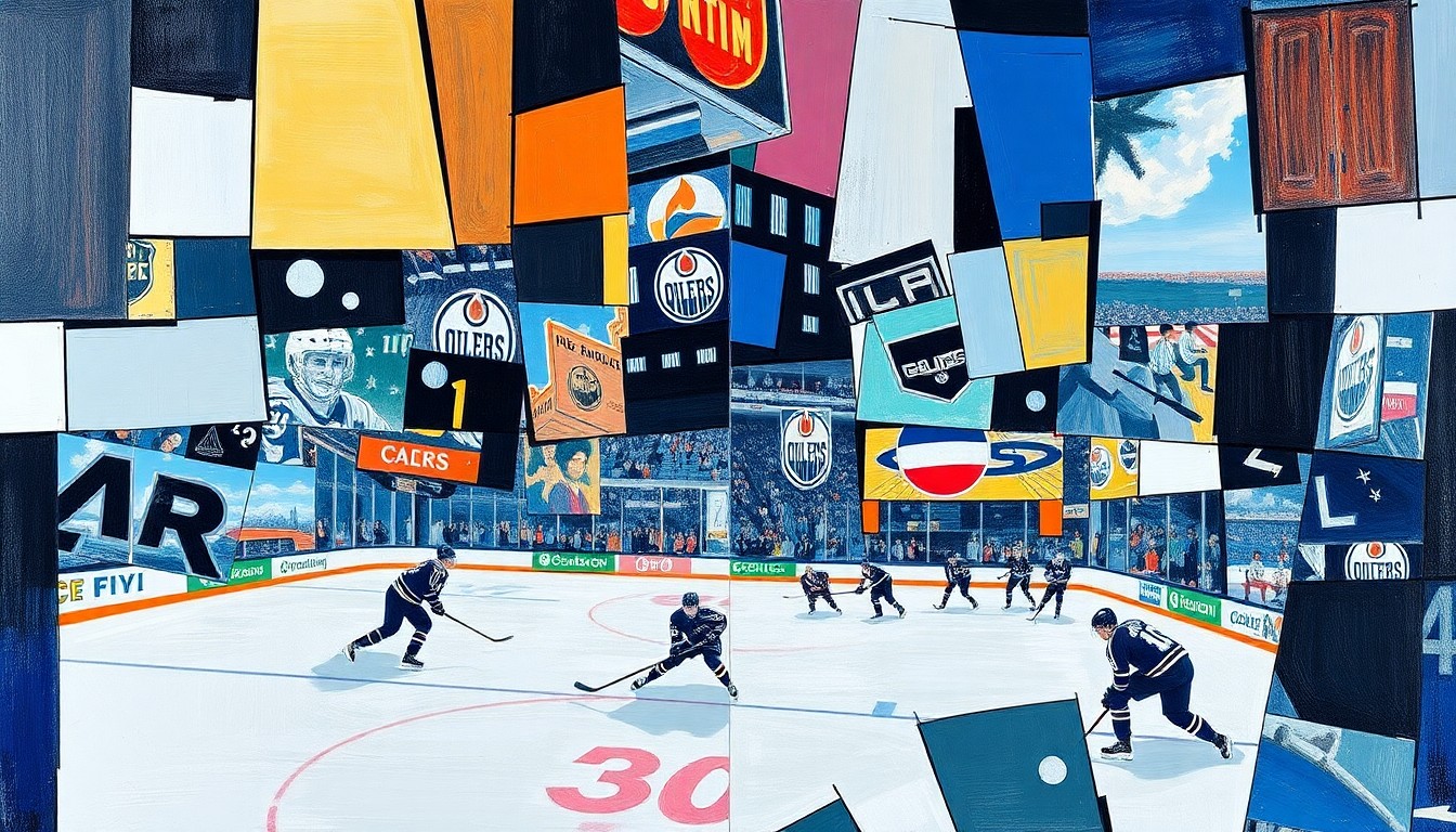 A cubist, geometric painting depicting a hockey game between the Los Angeles Kings and Edmonton Oilers, with the players and action broken down into overlapping angular shapes and planes in a vibrant color palette.