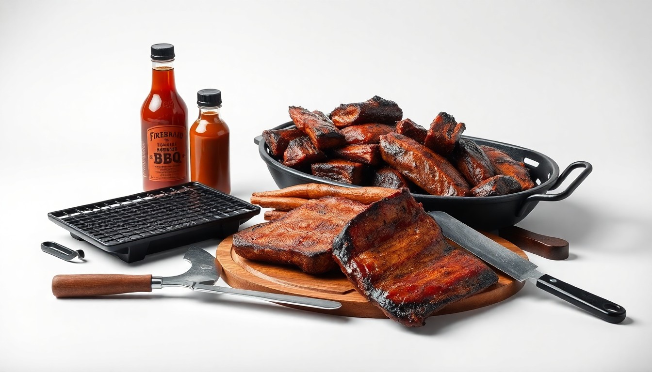 A high-end, photorealistic studio still-life photograph featuring a collection of premium barbecue tools and ingredients, including a cast-iron grill grate, a bottle of homemade barbecue sauce, and a pile of freshly smoked meat, all arranged elegantly on a clean, monochromatic seamless background. The objects use sharp, dramatic studio lighting and deep shadows to represent the craftsmanship and attention to detail that goes into Firebrand BBQ's award-winning cuisine.