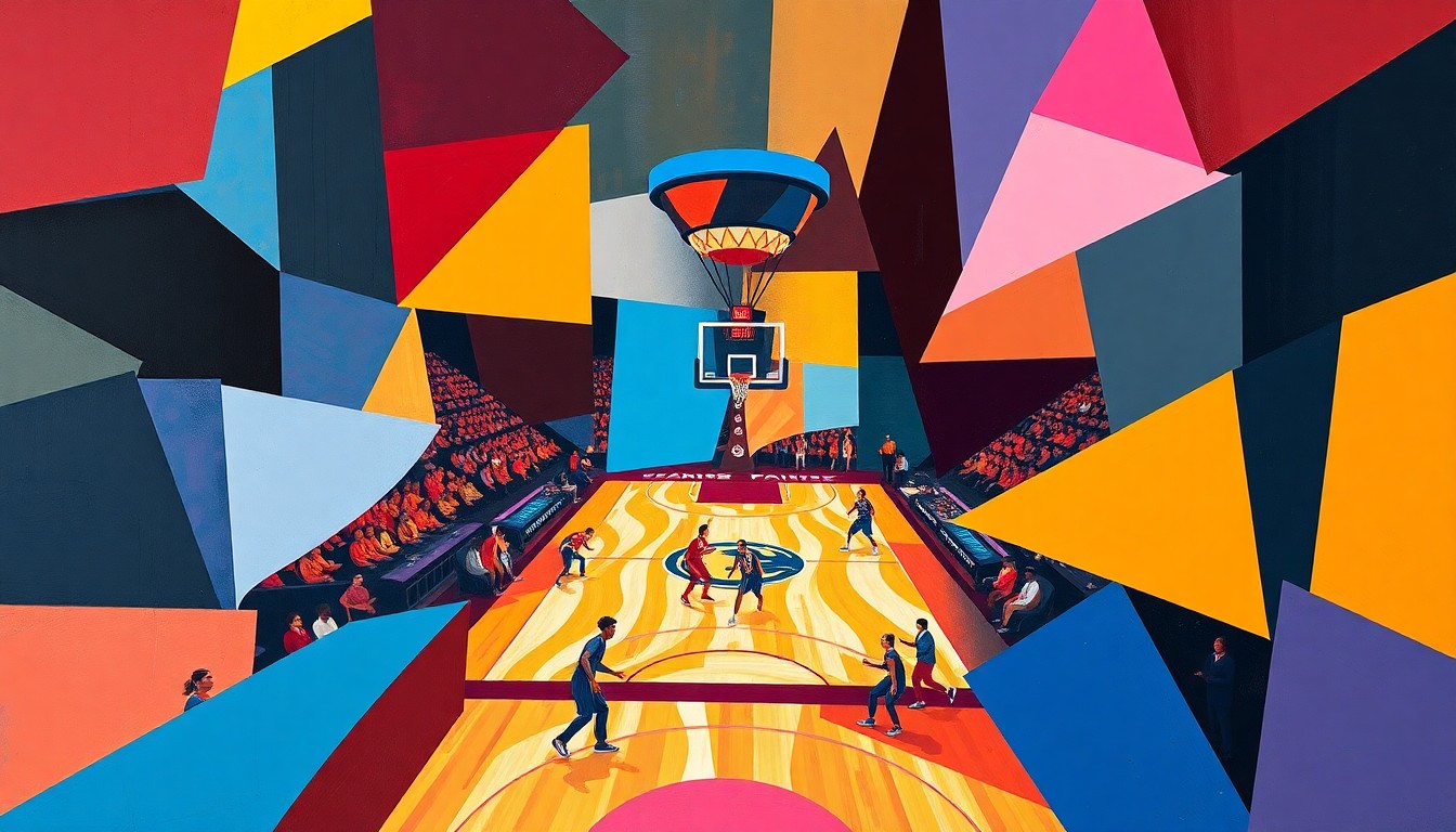A cubist, geometric painting depicting a WNBA basketball game in motion, with sharp, overlapping shapes and planes in the Indiana Fever's team colors of blue, yellow, and white, conveying the dynamic energy and strategic complexity of the sport.