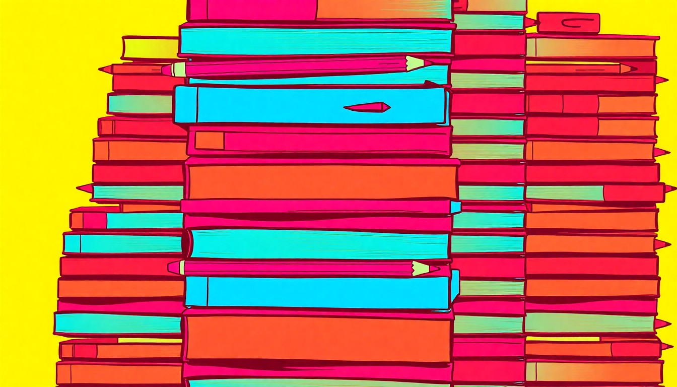 A high-contrast, silkscreen-style illustration featuring a repeating grid of common school supplies like textbooks, pencils, and a chalkboard eraser, rendered in vibrant neon colors and heavy black outlines to create a modern pop art effect, conveying the conceptual idea of a comprehensive, multifaceted approach to improving urban education.