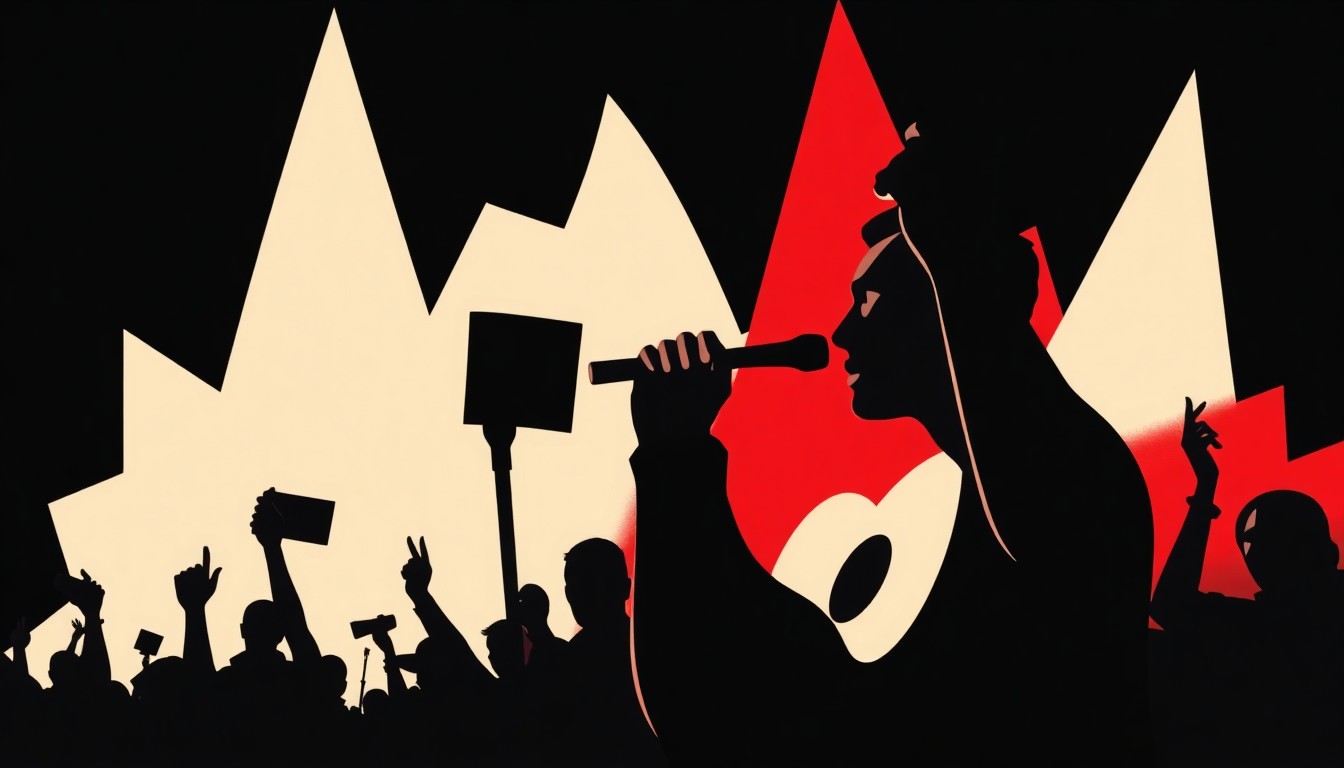 An abstract, minimalist composition of bold, jagged red and black shapes, conceptually representing the themes of protest, immigration, and the transformative power of music.