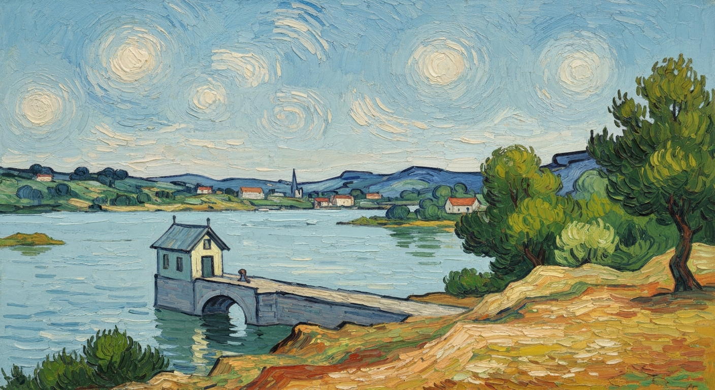 A textured oil painting in the style of Vincent Van Gogh, depicting a serene lakeside landscape with a small lock structure in the foreground, capturing the tranquil mood of the scene.