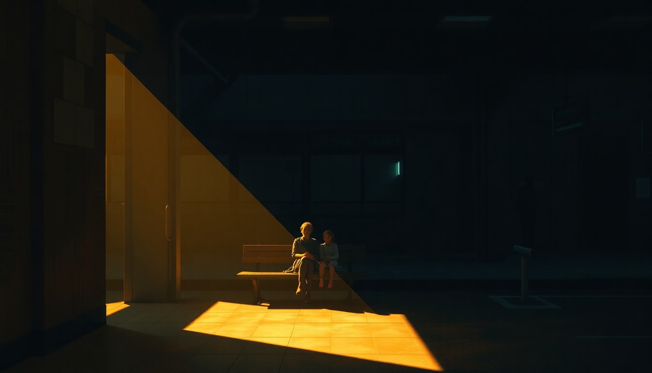 A cinematic painting depicting a family sitting on a bench in a dimly lit, urban bus station, with warm sunlight and deep shadows creating a pensive, nostalgic mood.