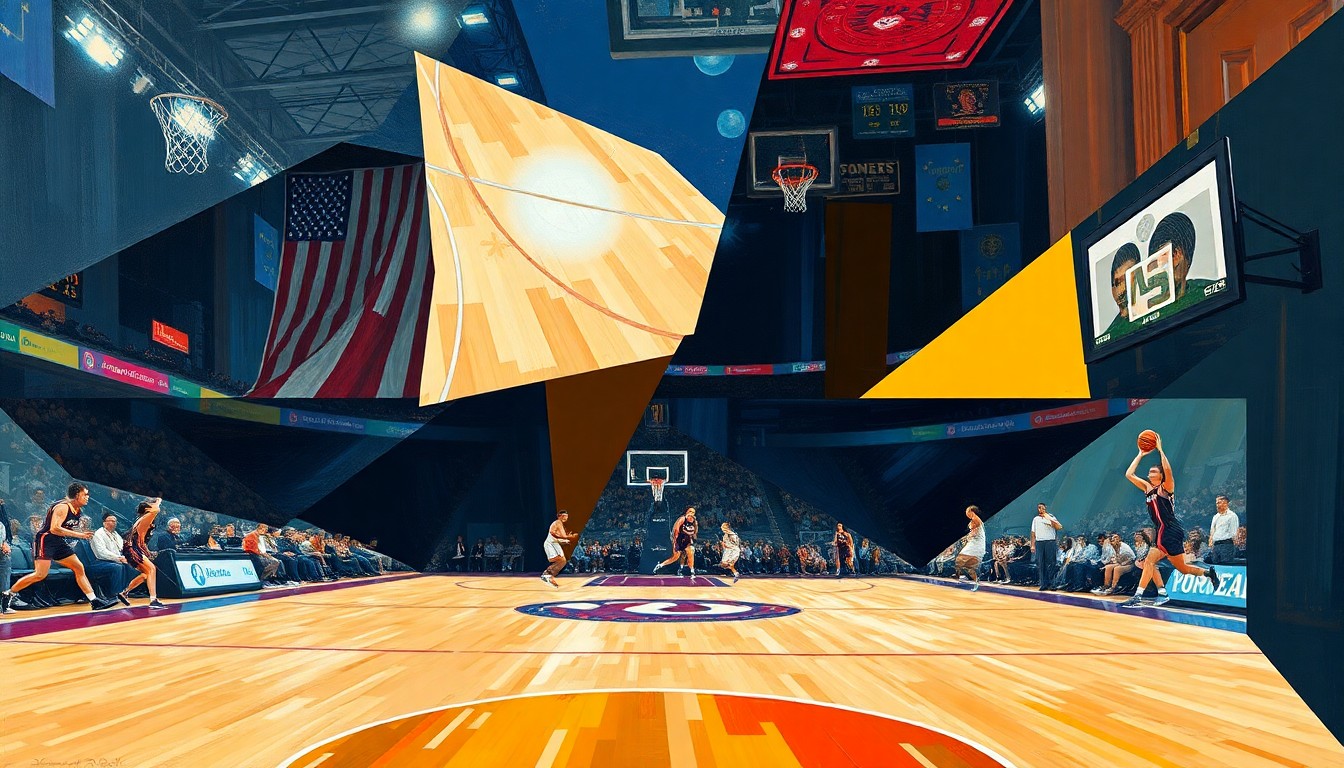 A cubist, geometric painting depicting a WNBA basketball game or match, with sharp, overlapping planes of color and form representing the dynamic action on the court.