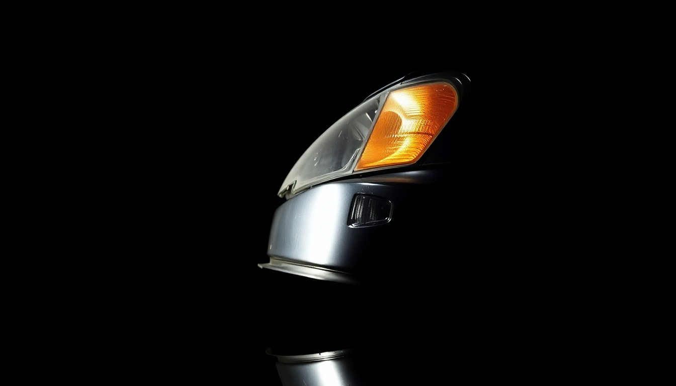 An extreme close-up photograph of a car's twisted, submerged bumper and headlight against a pitch-black background, conveying the gritty, investigative nature of the tragic incident.