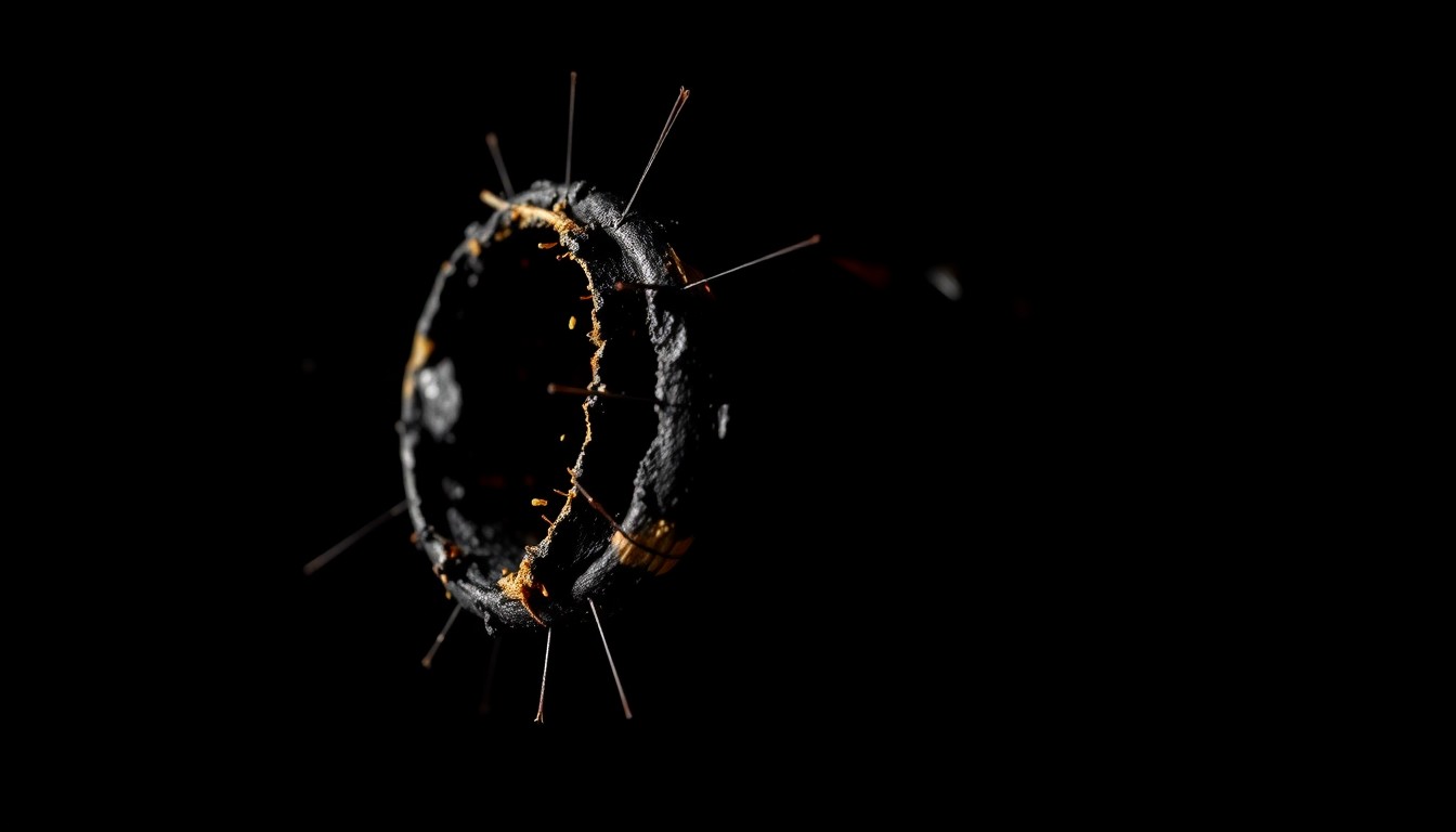 An extreme close-up of a damaged and blackened fireworks casing, conceptually illustrating the destruction caused by an unauthorized pyrotechnics display.