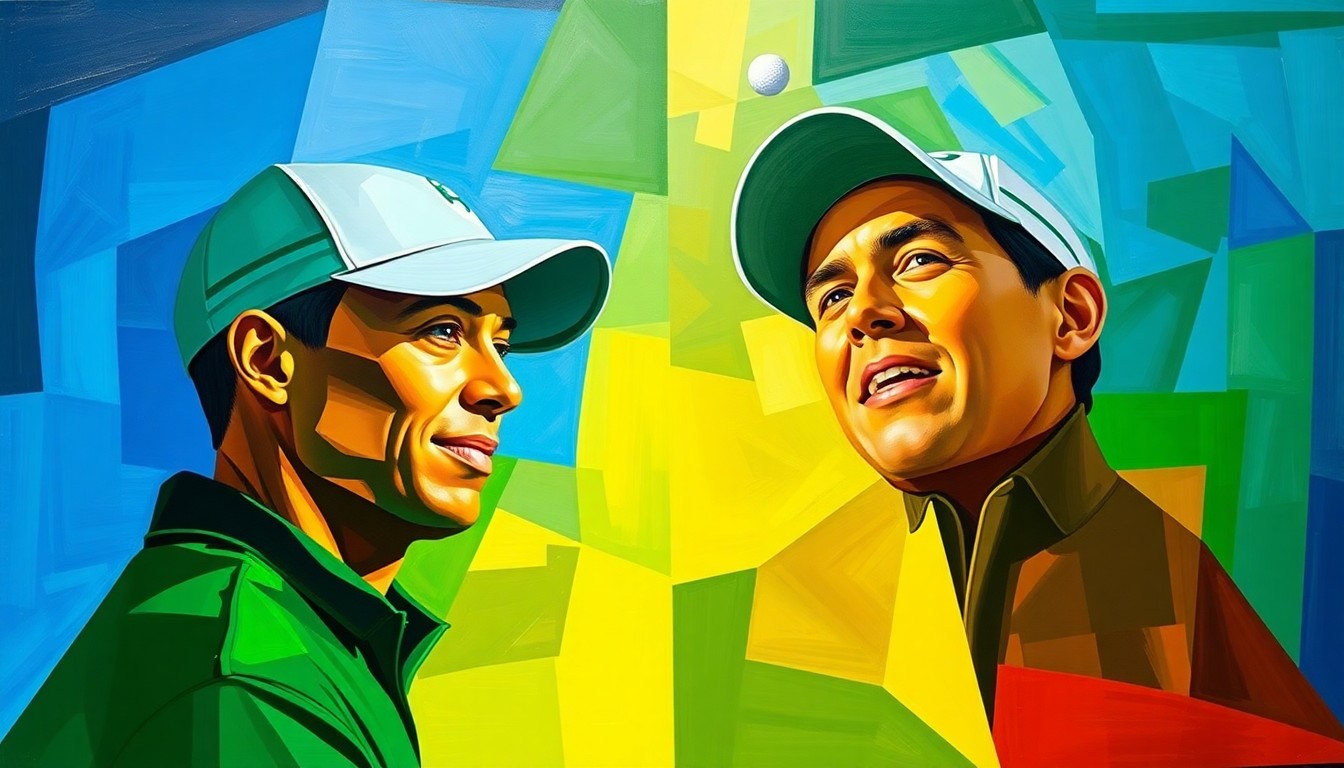 A cubist, geometric painting depicting a golf match or competition between two players, with sharp, overlapping planes of vibrant green, blue, and gold colors representing the sport.