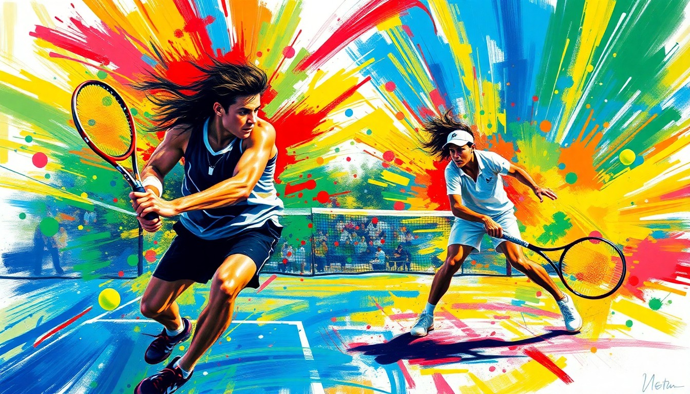An abstract, energetic painting in neon colors, capturing the dynamic movements and tension of a tennis match through bold, expressive brushstrokes.