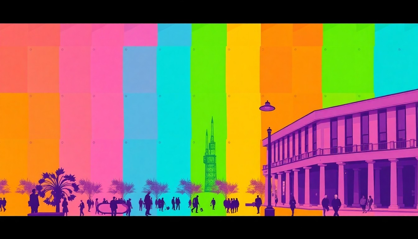 A brightly colored, high-contrast silkscreen print of an iconic Illinois landmark or public art piece, repeated in a tight grid pattern, conceptually representing the state's diverse creative contributions to the nation's 250th anniversary celebrations.