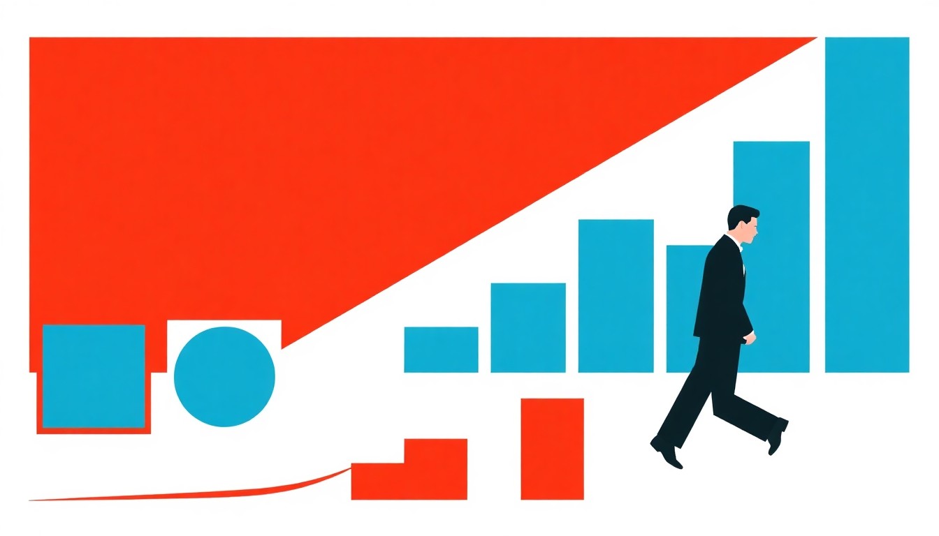 A geometric abstract illustration using bold shapes and primary colors to conceptually represent the impact of rising inflation and declining consumer sentiment.