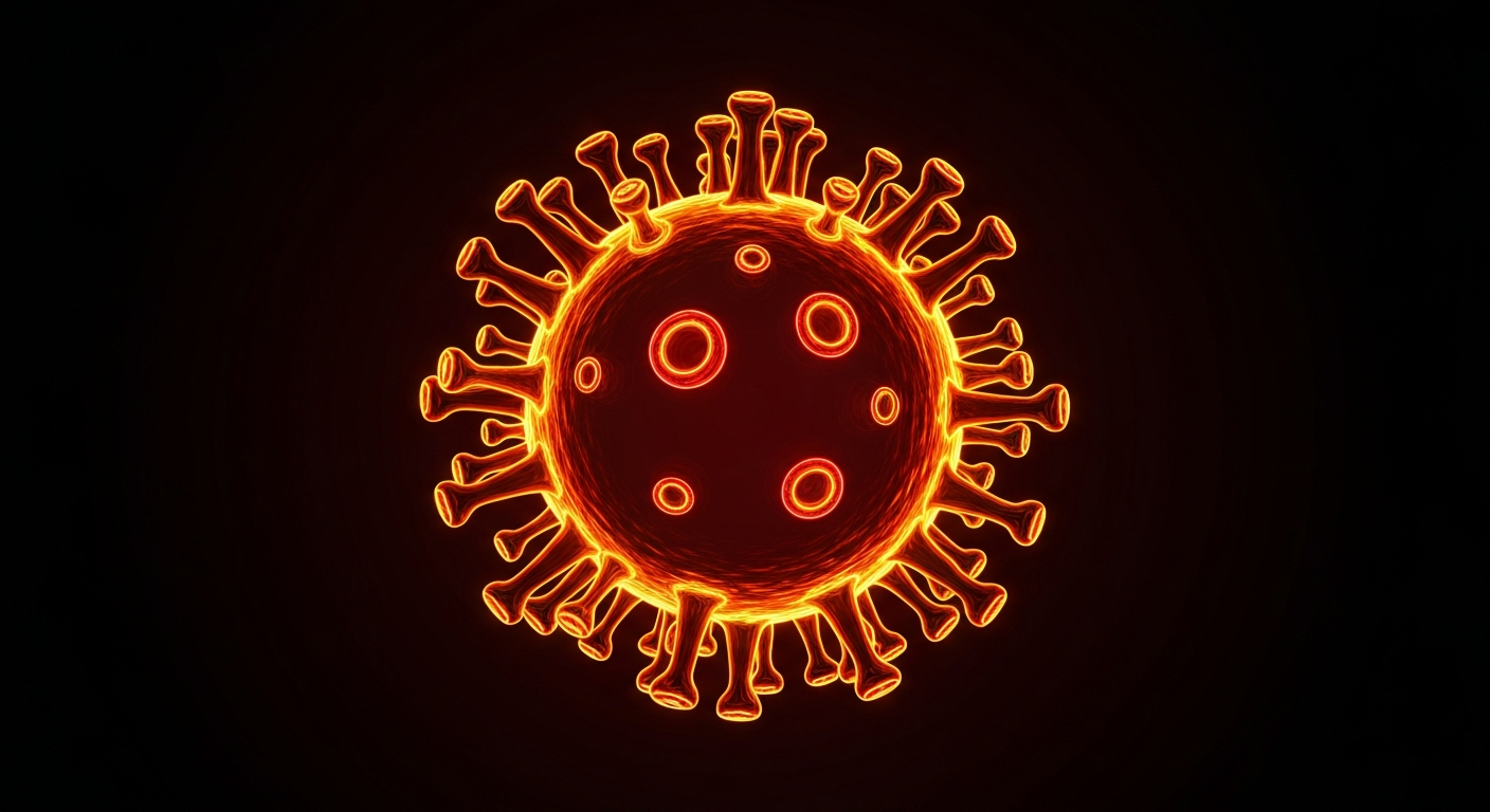 A minimalist design featuring a glowing, neon outline of a measles virus particle against a dark background, conceptually illustrating the infectious nature of the disease and the need for proactive public health measures.
