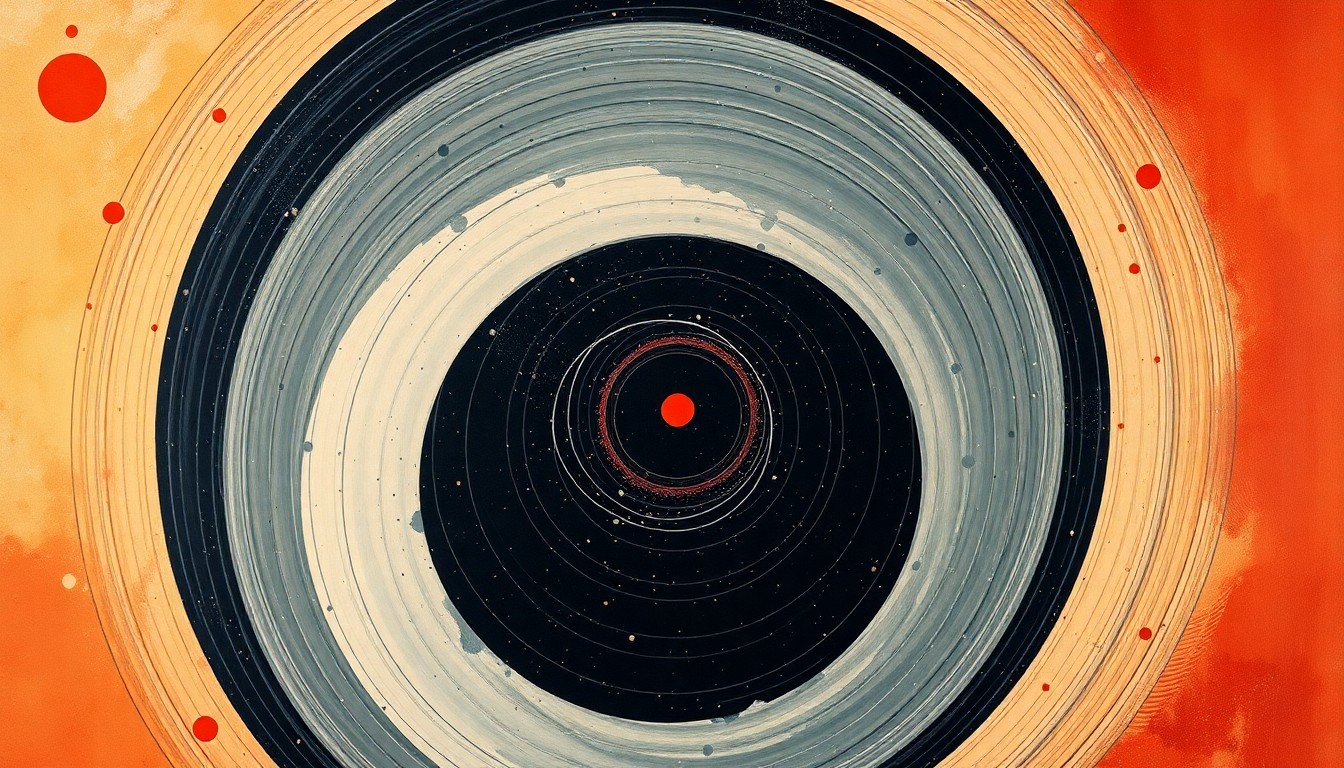 An abstract painting in soft, flat colors featuring sweeping geometric arcs, concentric circles, and precise spirals, conceptually representing the complex scientific forces and structures behind the mysterious 'little red dots' observed by the James Webb Space Telescope.