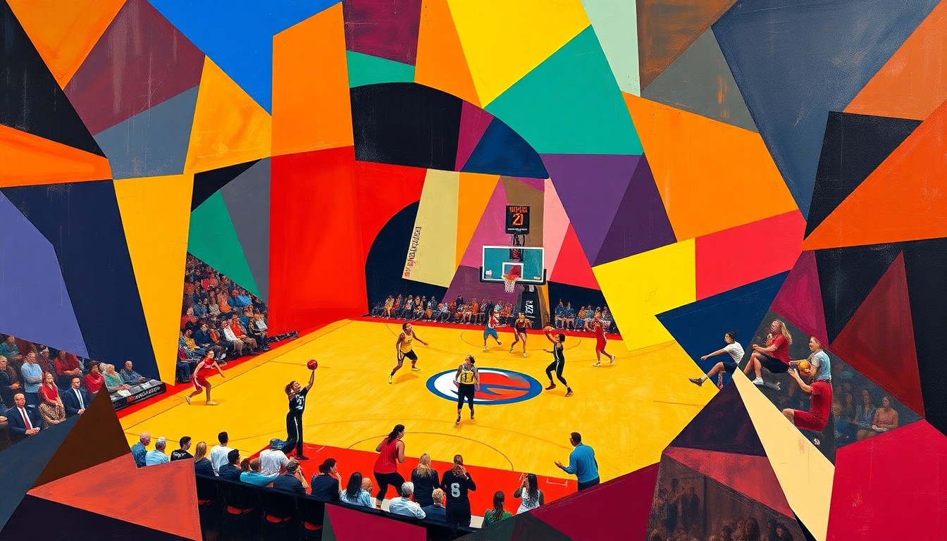 A cubist, geometric painting in bright shades of red, black, and white, capturing the dynamic energy of a WNBA basketball game through fragmented, overlapping shapes and planes.