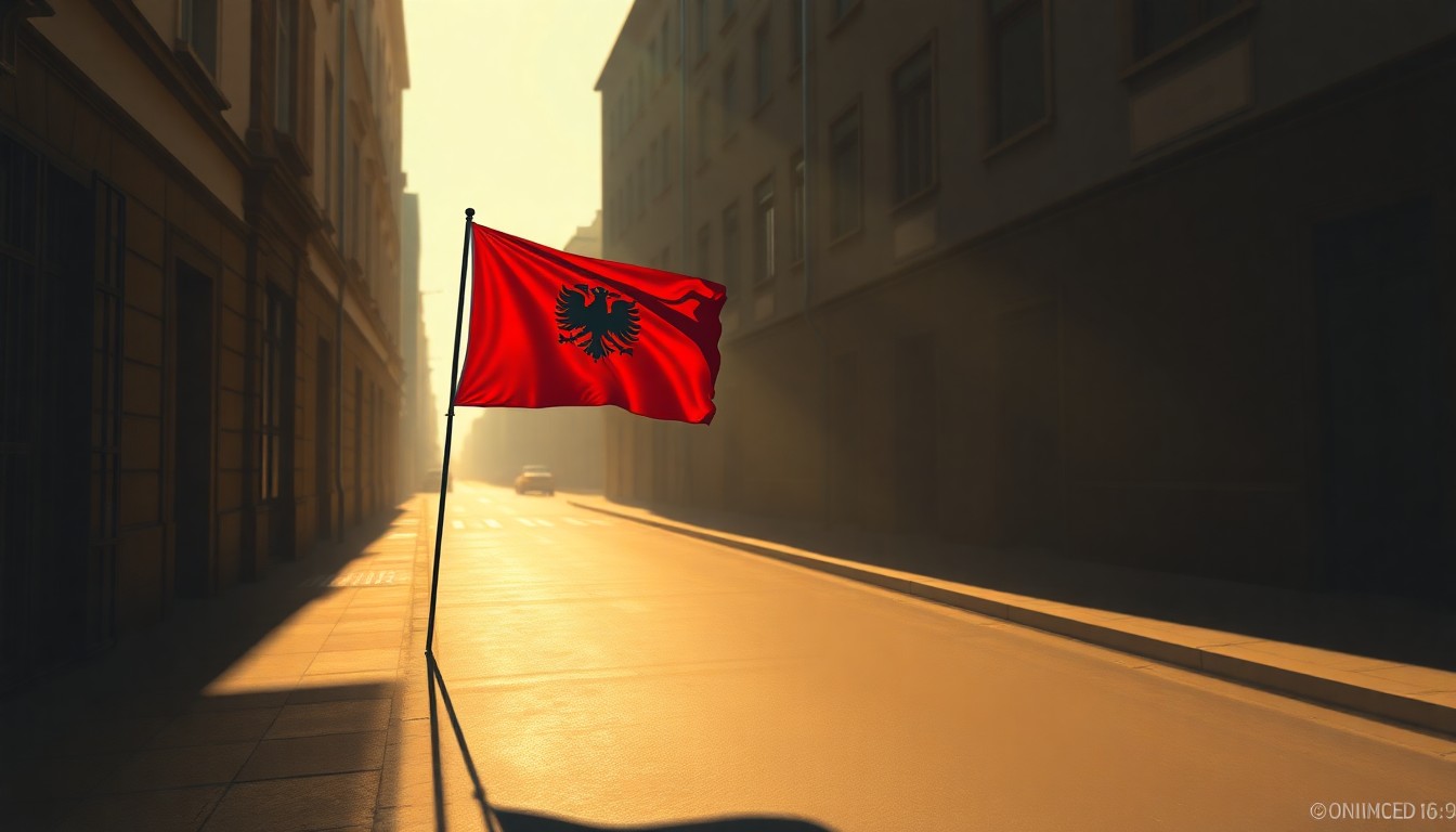 A serene, cinematic painting depicting an Albanian flag waving gently in the warm sunlight of a city street, with deep shadows cast across the pavement, capturing the quiet, nostalgic mood of a political figure's international connections.