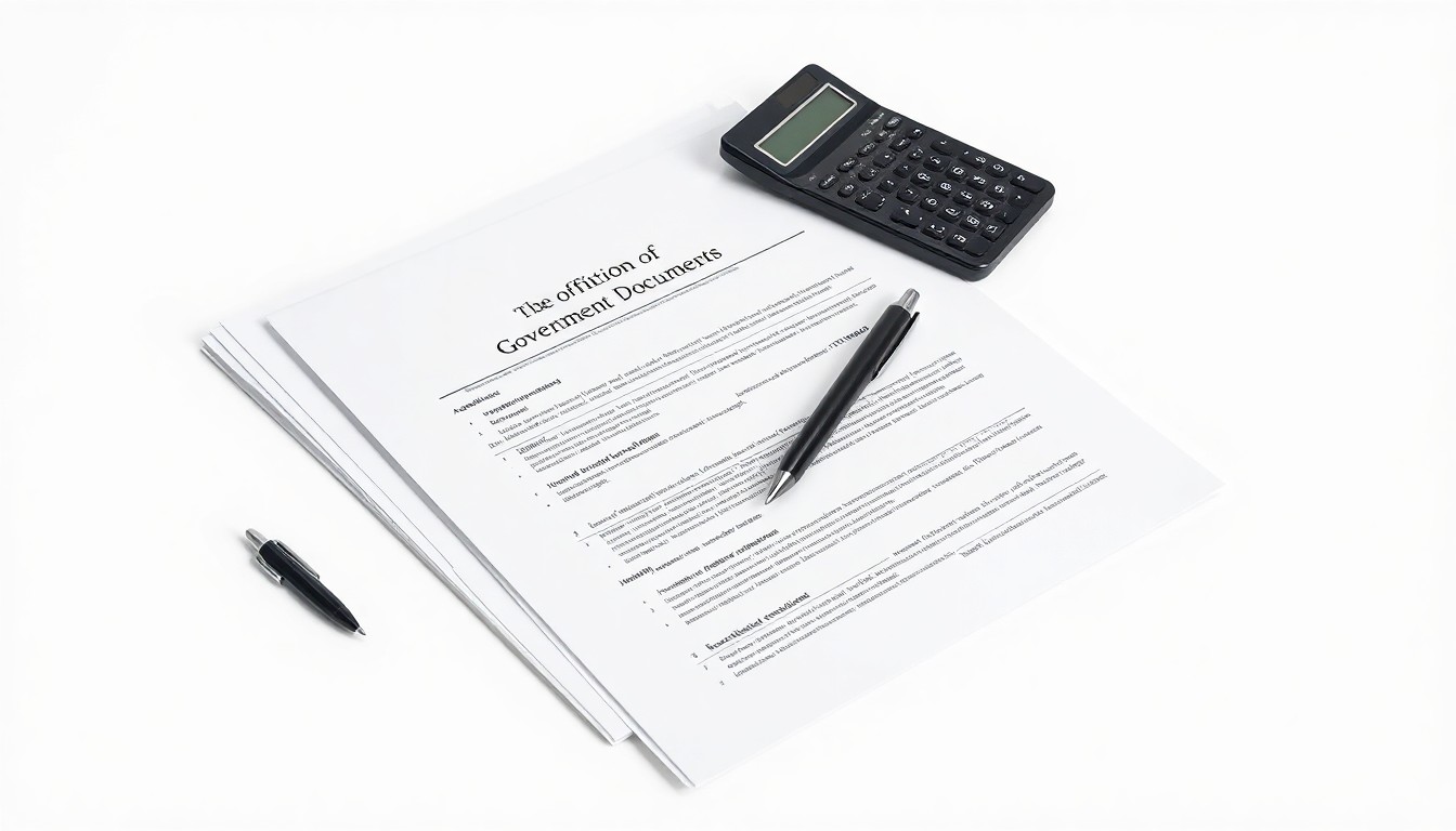 A high-end, photorealistic studio still-life photograph featuring a stack of official government documents, a pen, and a calculator on a clean, white background, symbolizing the bureaucratic process of applying for and securing disaster relief loans.