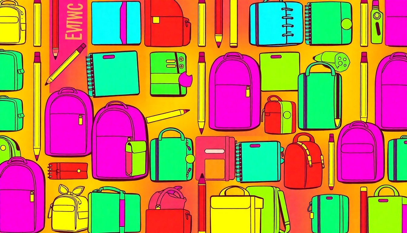 A high-contrast, silkscreen-style illustration featuring a repeating pattern of a bright yellow school backpack against a neon pink background, conceptually representing the impact of the looming LAUSD labor dispute on students and families.