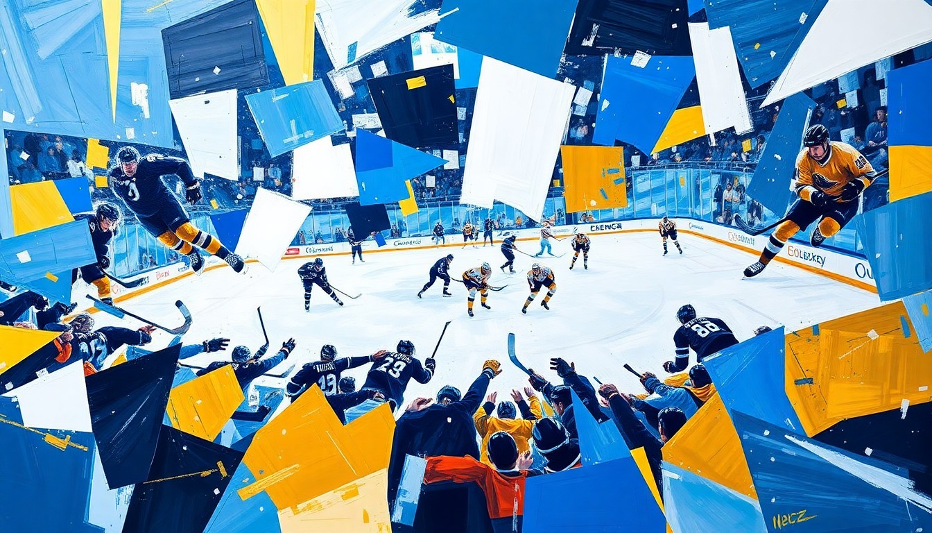 A fractured, cubist-style painting depicting the intense action and emotion of a college hockey game, with sharp, overlapping geometric shapes in vibrant blues, whites, and golds representing the raw energy of the competition.