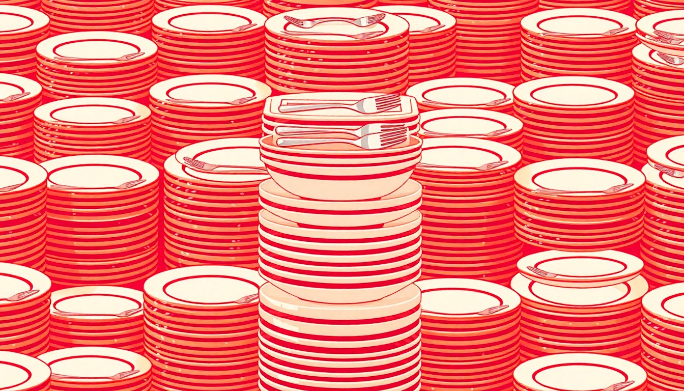 A vibrant, pop art-inspired illustration featuring a repeating grid of stylized dinner plates and silverware, conceptually representing the communal meal and fellowship of the Senior Supper event.