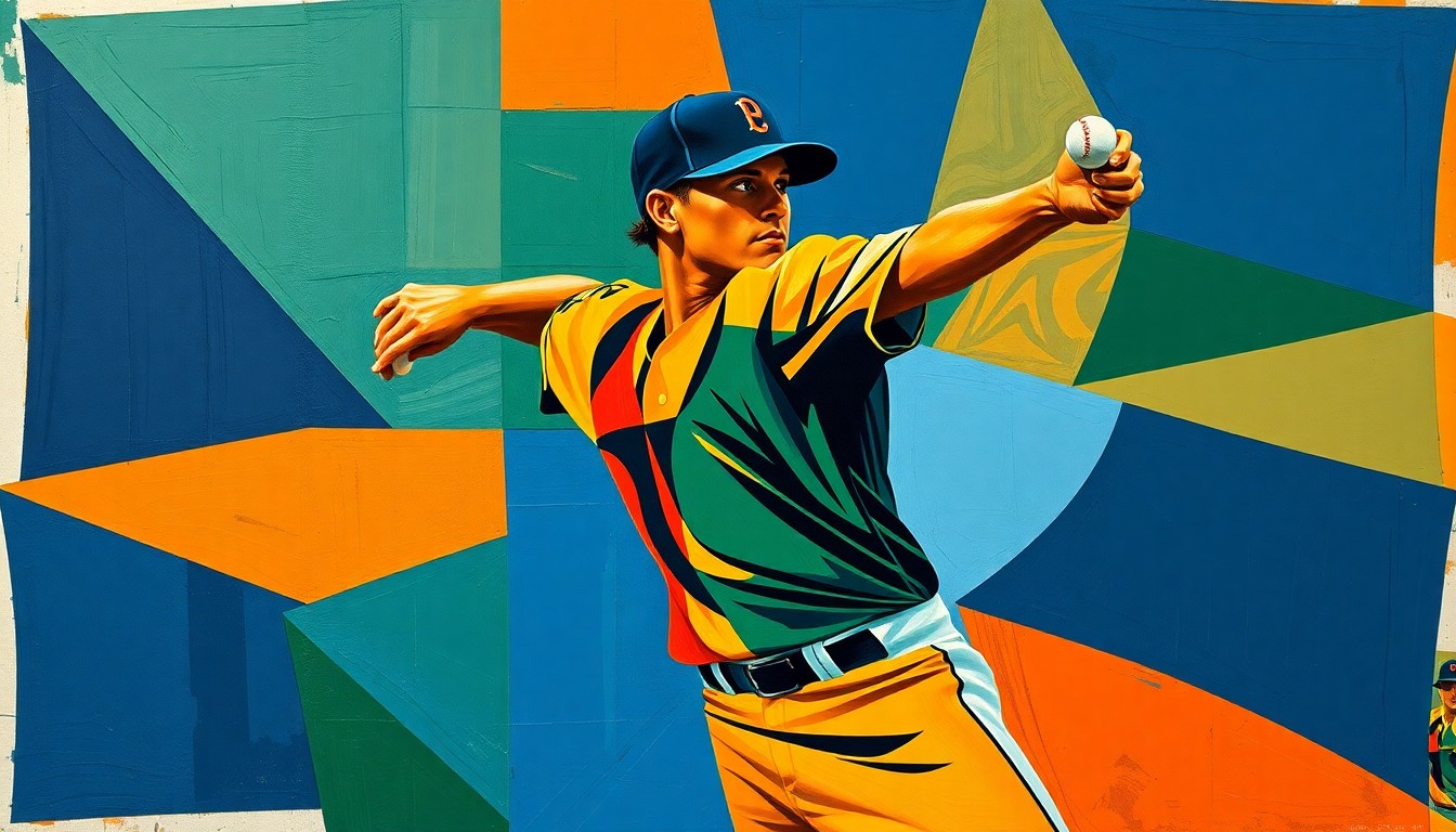 A cubist, geometric painting depicting a baseball pitcher's motion broken down into overlapping planes of navy, green, and orange, conveying the complex decisions facing the Tigers organization.