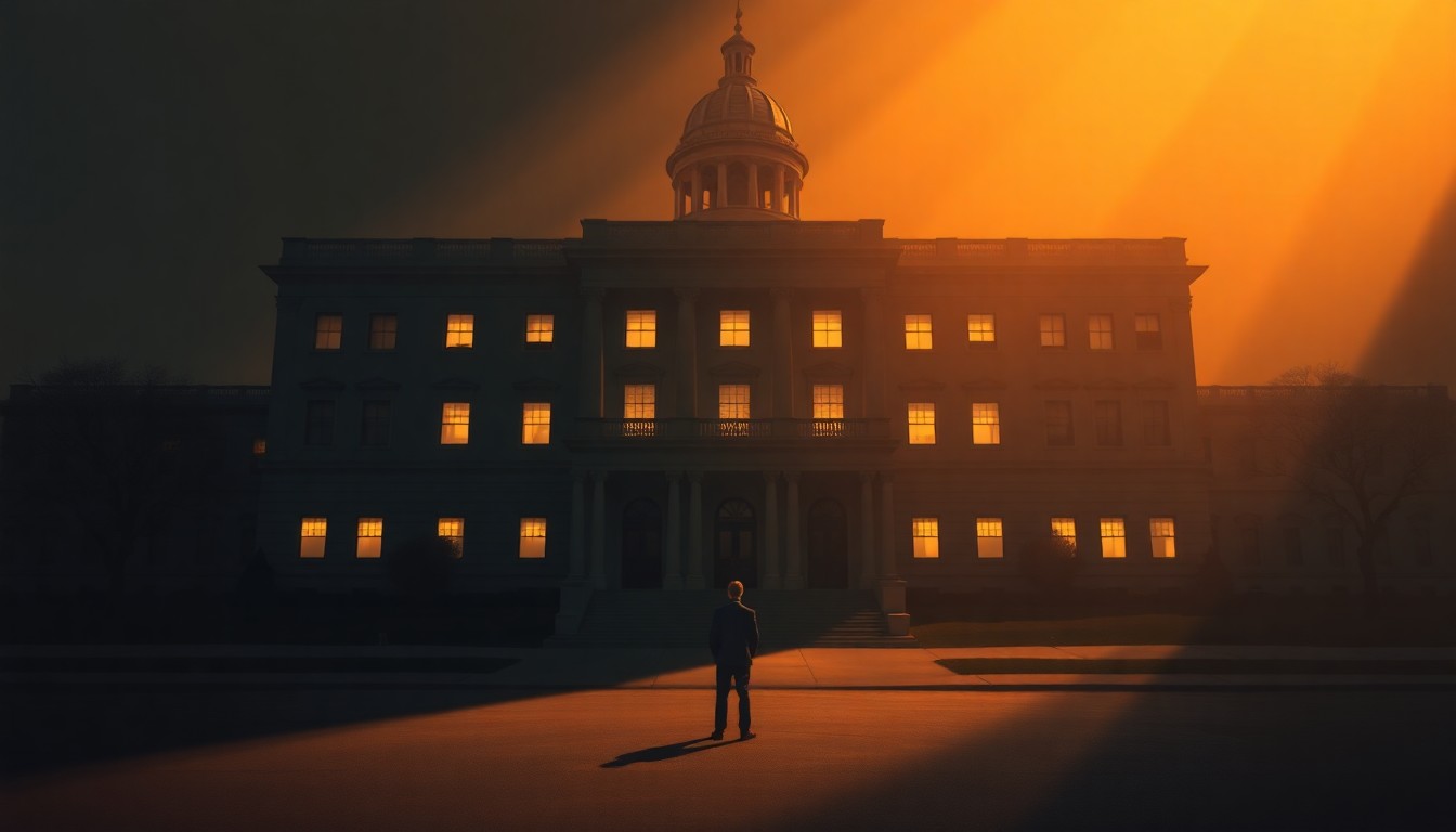 A serene, cinematic painting depicting a lone figure standing in front of a large, imposing government building, the scene bathed in warm, dramatic lighting that casts deep shadows, conveying a sense of contemplation and the weight of the challenges facing California's next leader.