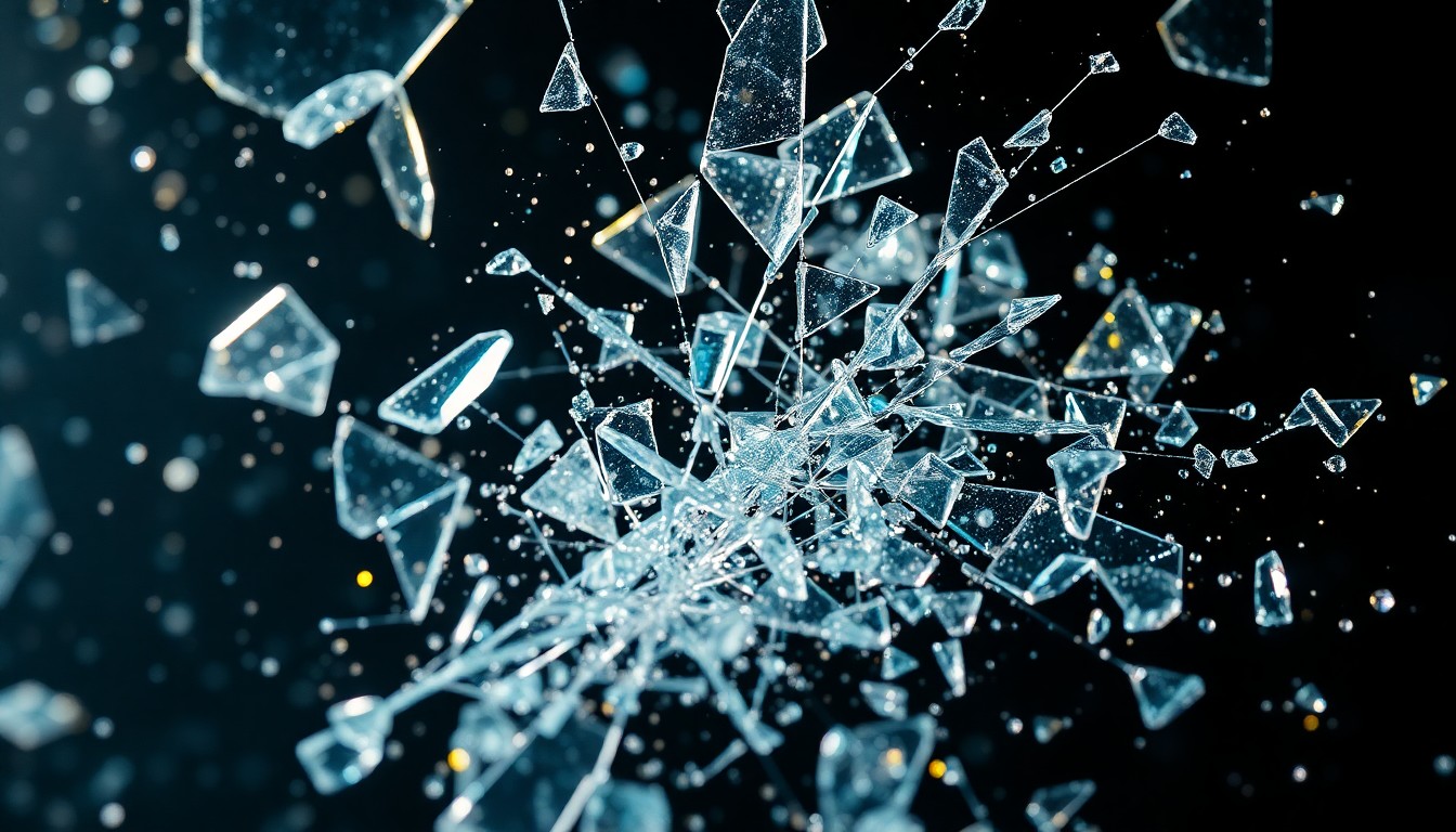 An abstract close-up photograph featuring shattered glass and glittering shards, conveying a sense of danger and fragility in the world of celebrity and fame.