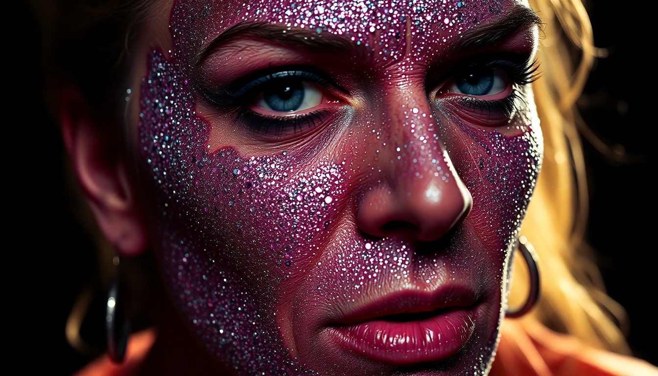 An abstract close-up photograph of heavily textured, cracked stage makeup in dramatic high-contrast lighting, conveying the fragile glamour of an aging pop star's career.